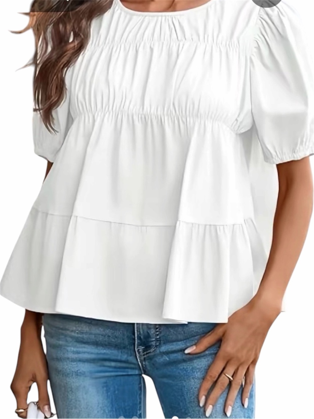 NWT Imily Bela Puff Sleeve Ruched Peplum Babydoll Style Top. White. Size Small